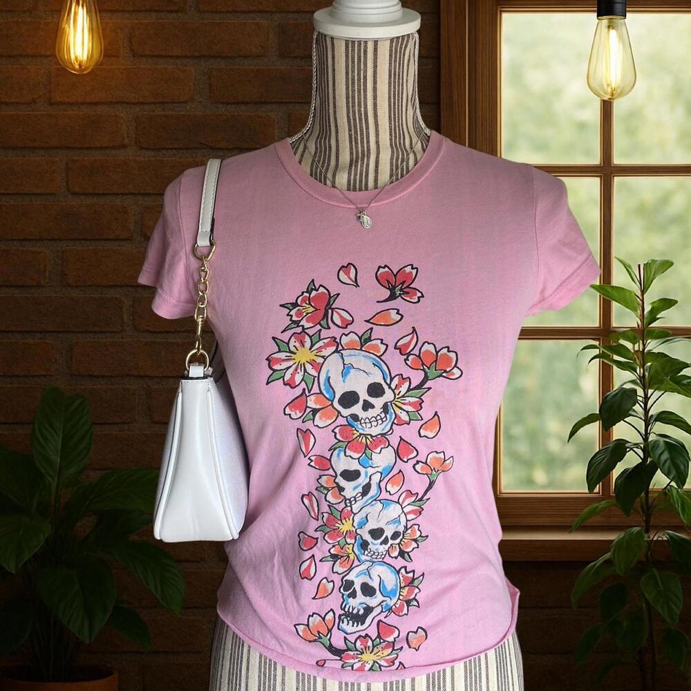 Ed Hardy- Light pink baby tee with skull graphic